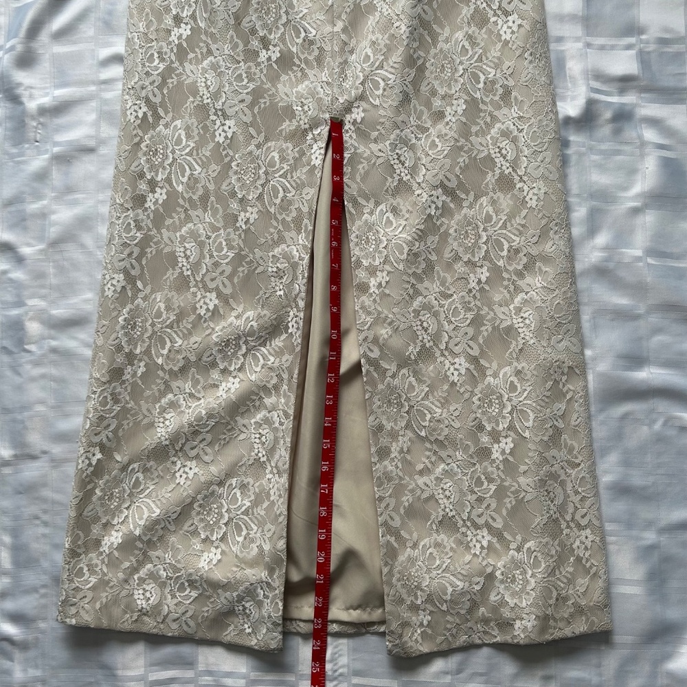 Alfred Angelo Strapless Empire Waist Champagne Underlay White Lace Overlay Dress - Picture 9 of 17